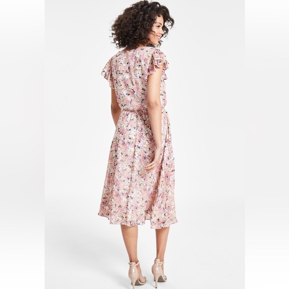 MSK Cream and pink floral elastic waist midi dress size MP - Picture 8 of 16